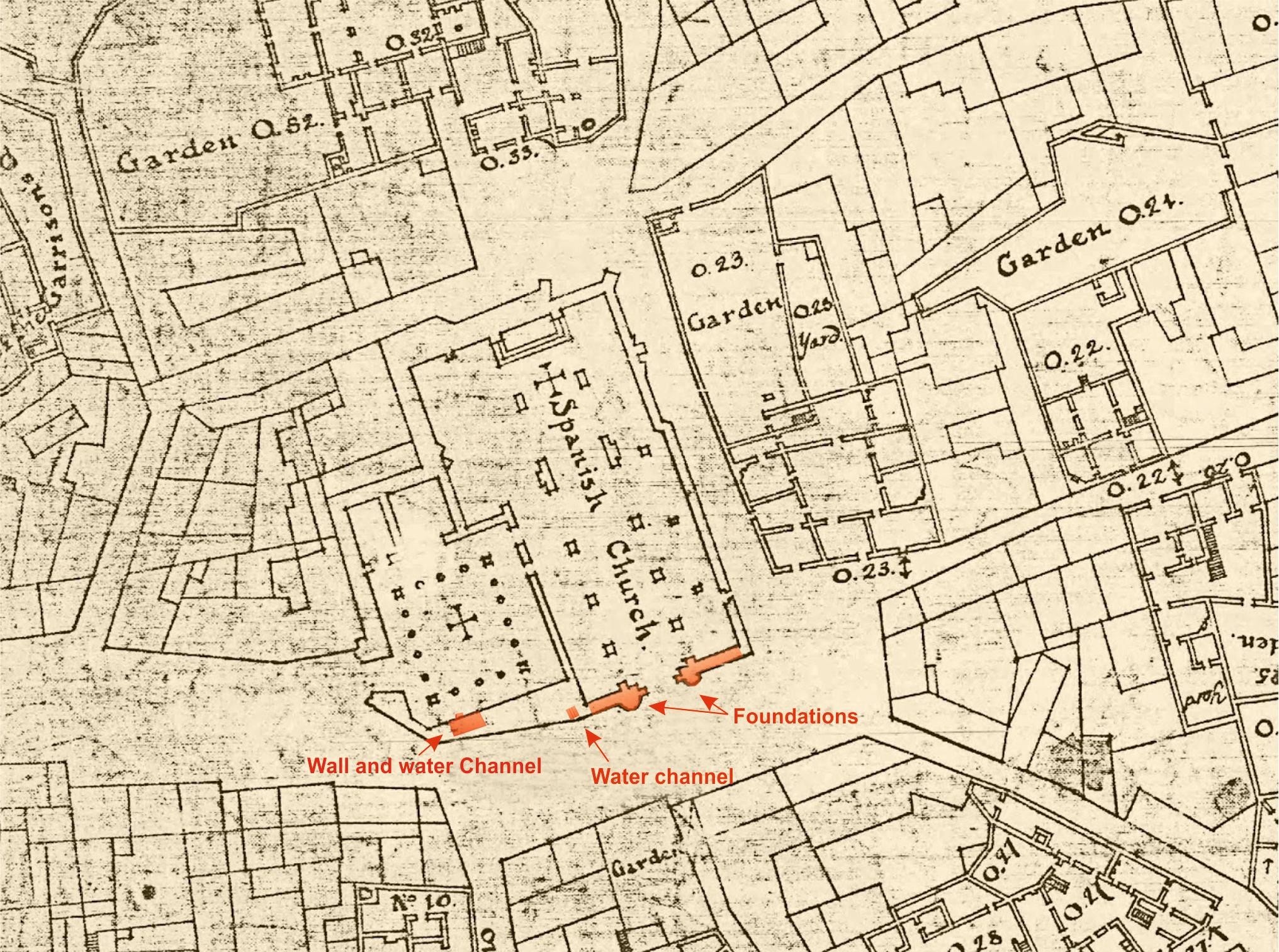 Location of the excavated structures on the 1750 plan by Chief Military Engineer James Gabriel Montressor.